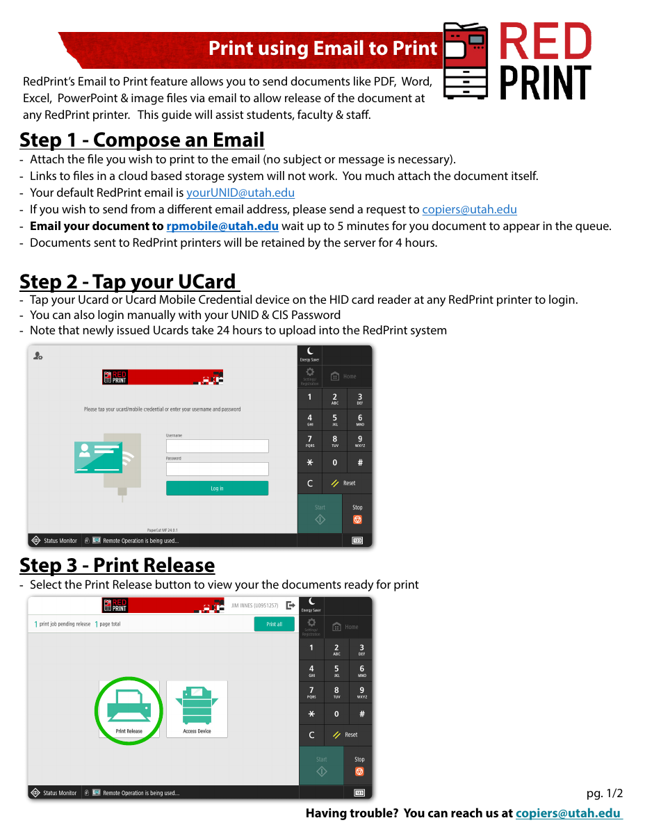 First page of the official University Email-to-Print guide