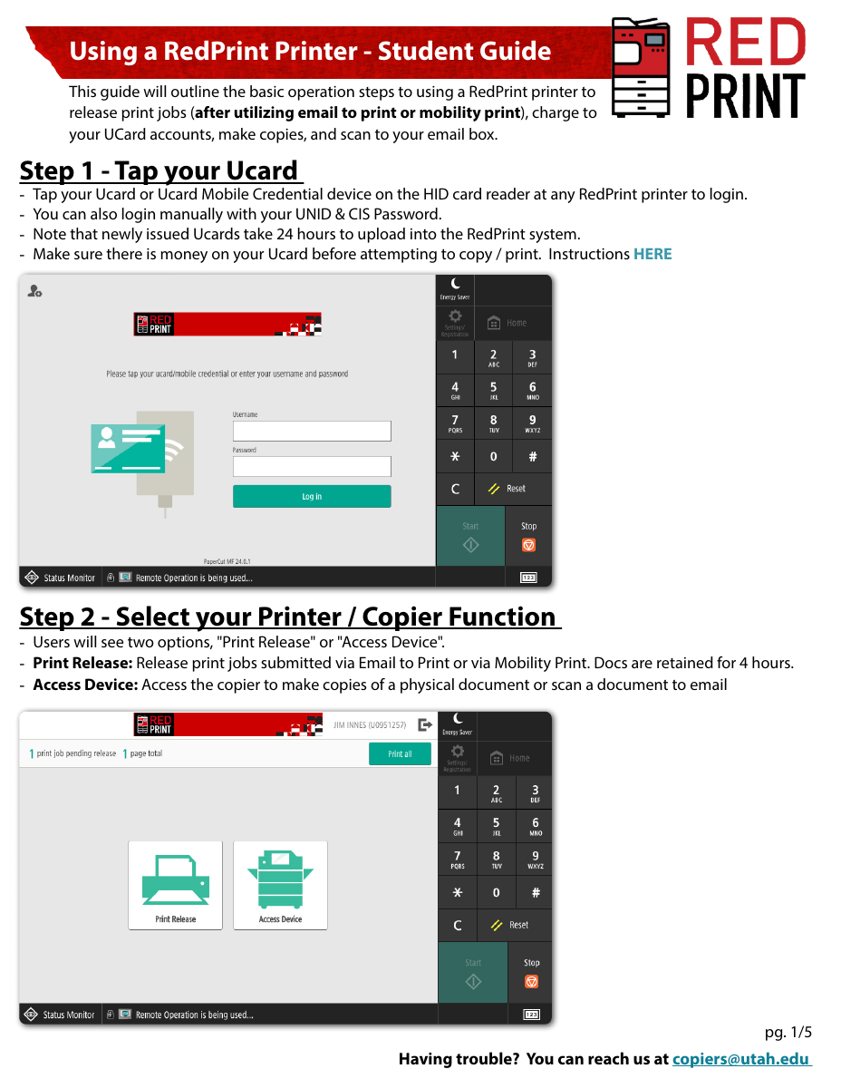First page of the official University guide for releasing a job at a RedPrint copier